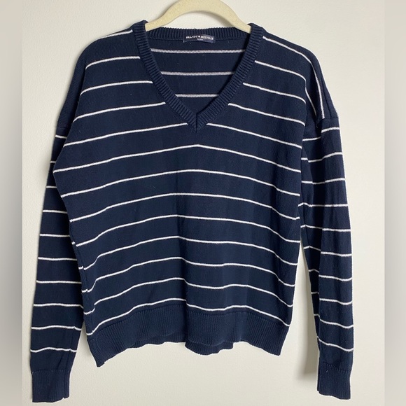 BRANDY Melville 100% Cotton Navy and White  Nautical Striped V-Neck Sweater S/M - Picture 1 of 5